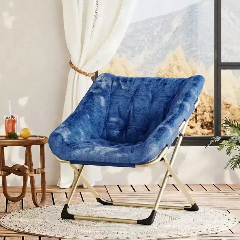 Fauteuil soucoupe pliable pour adultes – Peluche douce en fausse fourrure de lapin, cadre métallique doré robuste – Aucun assemblage requis, idéal pour la chambre, le salon, le dortoir et l'appartement