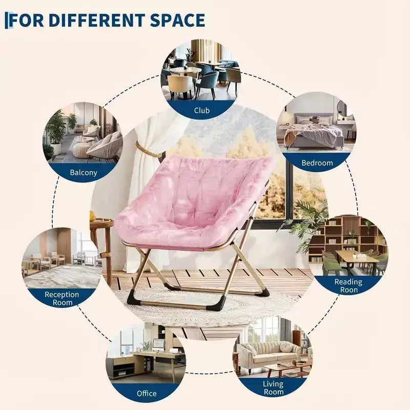 Fauteuil soucoupe pliable pour adultes – Peluche douce en fausse fourrure de lapin, cadre métallique doré robuste – Aucun assemblage requis, idéal pour la chambre, le salon, le dortoir et l'appartement