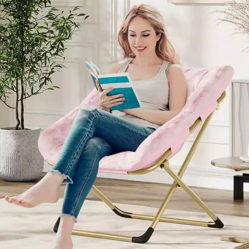 Fauteuil soucoupe pliable pour adultes – Peluche douce en fausse fourrure de lapin, cadre métallique doré robuste – Aucun assemblage requis, idéal pour la chambre, le salon, le dortoir et l'appartement