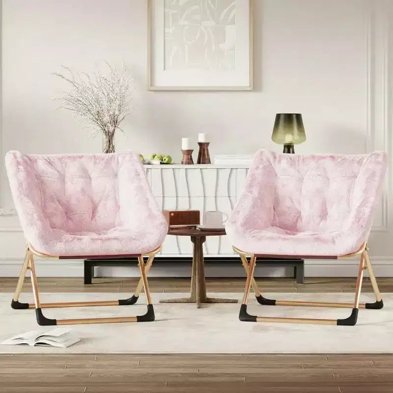 Fauteuil soucoupe pliable pour adultes – Peluche douce en fausse fourrure de lapin, cadre métallique doré robuste – Aucun assemblage requis, idéal pour la chambre, le salon, le dortoir et l'appartement