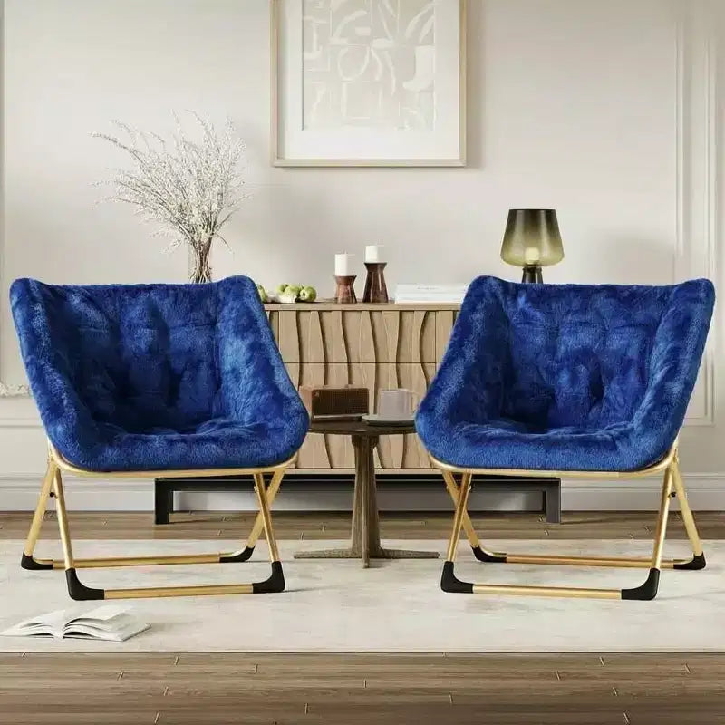 Fauteuil soucoupe pliable pour adultes – Peluche douce en fausse fourrure de lapin, cadre métallique doré robuste – Aucun assemblage requis, idéal pour la chambre, le salon, le dortoir et l'appartement