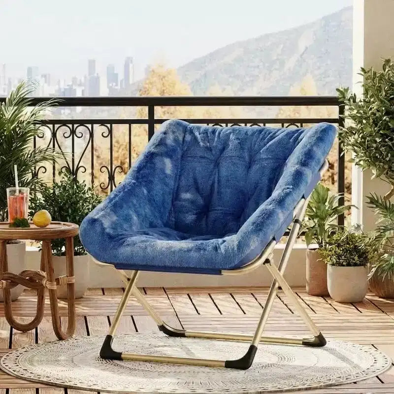 Fauteuil soucoupe pliable pour adultes – Peluche douce en fausse fourrure de lapin, cadre métallique doré robuste – Aucun assemblage requis, idéal pour la chambre, le salon, le dortoir et l'appartement