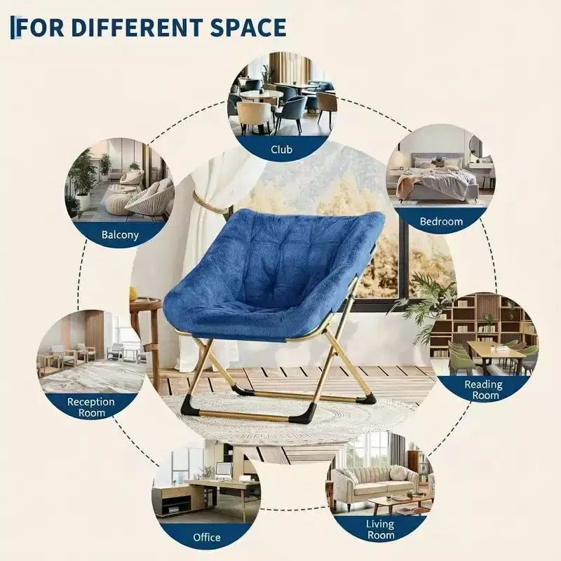 Fauteuil soucoupe pliable pour adultes – Peluche douce en fausse fourrure de lapin, cadre métallique doré robuste – Aucun assemblage requis, idéal pour la chambre, le salon, le dortoir et l'appartement
