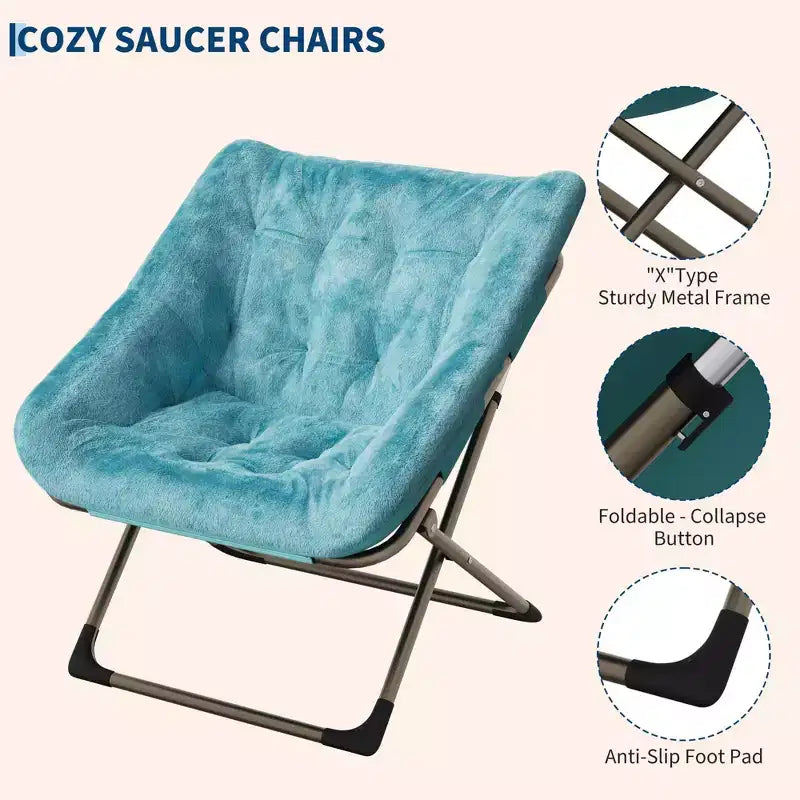 Fauteuil soucoupe pliable pour adultes – Peluche douce en fausse fourrure de lapin, cadre métallique doré robuste – Aucun assemblage requis, idéal pour la chambre, le salon, le dortoir et l'appartement