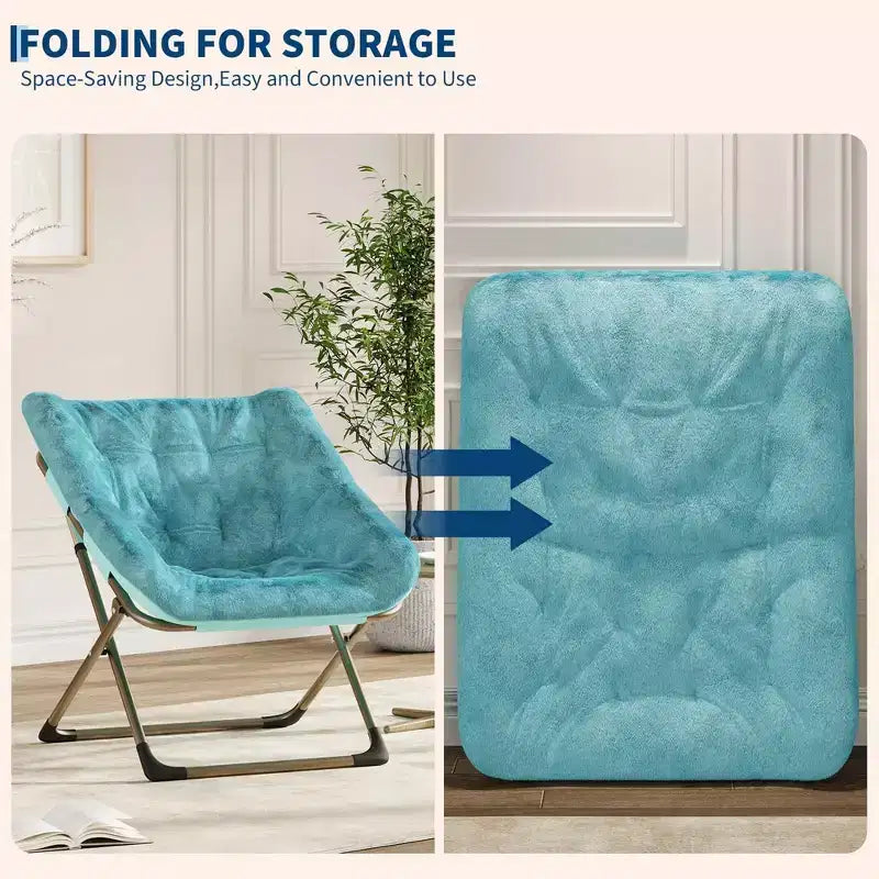 Fauteuil soucoupe pliable pour adultes – Peluche douce en fausse fourrure de lapin, cadre métallique doré robuste – Aucun assemblage requis, idéal pour la chambre, le salon, le dortoir et l'appartement