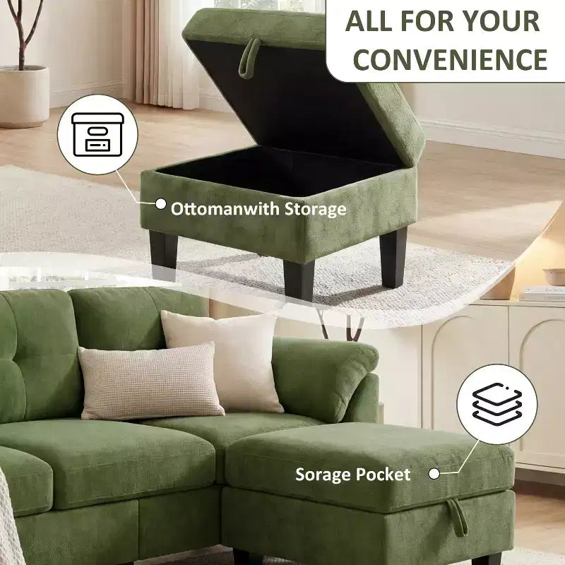Canapé moderne 3 places de 79 pouces avec pouf mobile et rangement, flanelle, cadre en bois de sapin