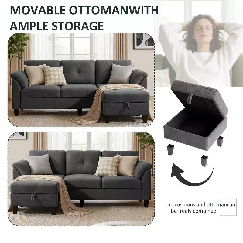 Canapé moderne 3 places de 79 pouces avec pouf mobile et rangement, flanelle, cadre en bois de sapin