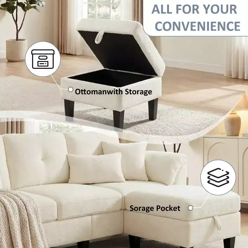 79 Inch Modern 3-Seater Sofa with Movable Ottoman & Storage, Flannel, Fir Wood Frame