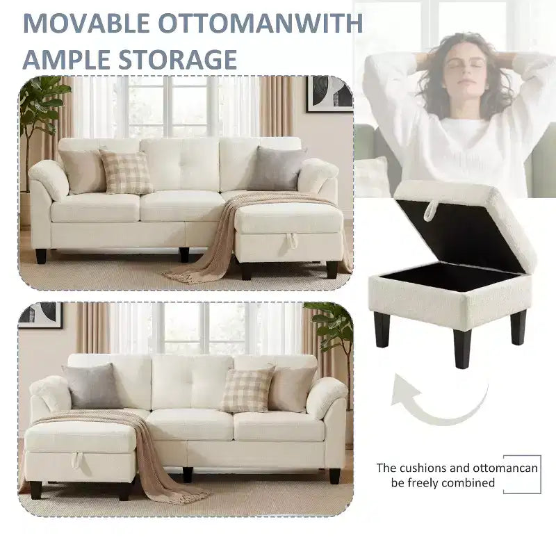 79 Inch Modern 3-Seater Sofa with Movable Ottoman & Storage, Flannel, Fir Wood Frame