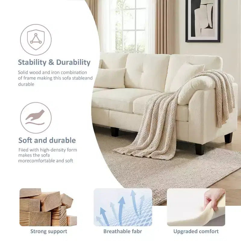 79 Inch Modern 3-Seater Sofa with Movable Ottoman & Storage, Flannel, Fir Wood Frame
