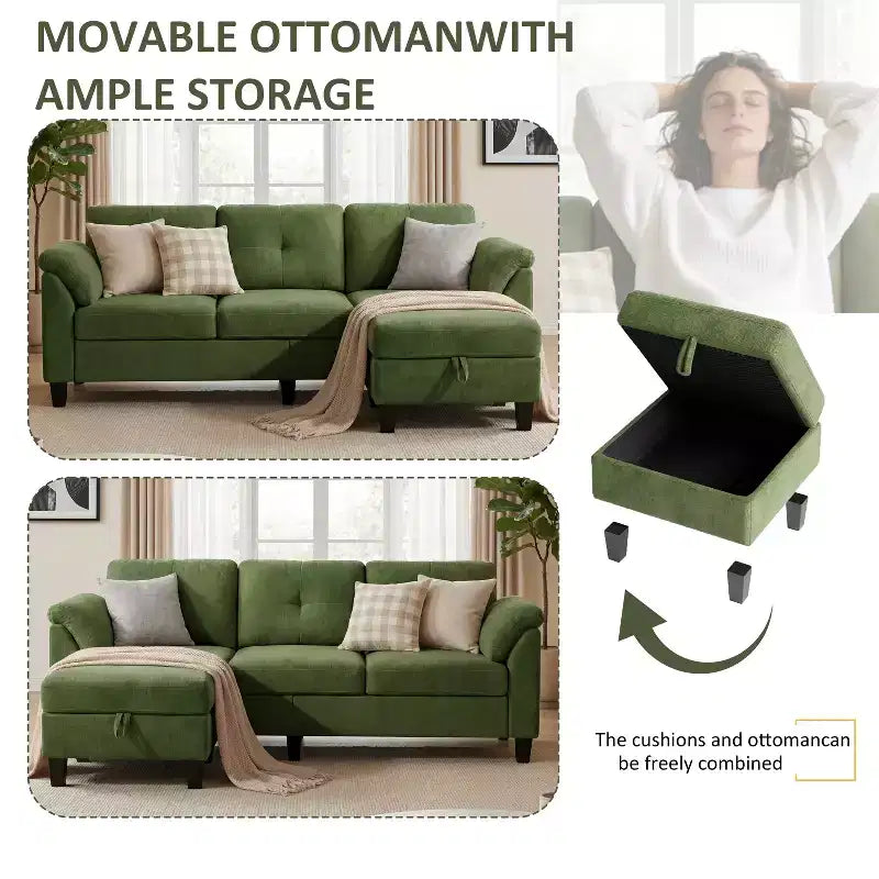 Canapé moderne 3 places de 79 pouces avec pouf mobile et rangement, flanelle, cadre en bois de sapin