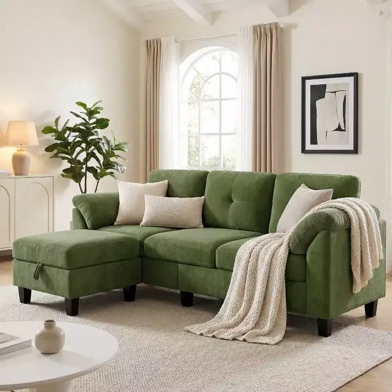 79 Inch Modern 3-Seater Sofa with Movable Ottoman & Storage, Flannel, Fir Wood Frame