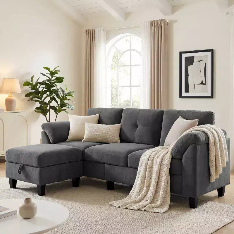 79 Inch Modern 3-Seater Sofa with Movable Ottoman & Storage, Flannel, Fir Wood Frame