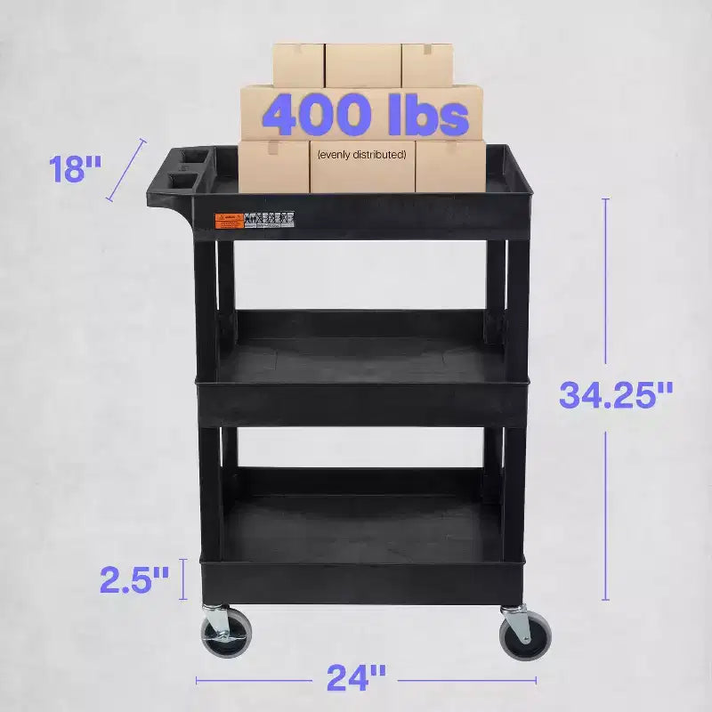 Chariot utilitaire compact à 3 étagères avec roulettes, capacité de 136 kg, 61 x 46 x 86 cm, PEHD
