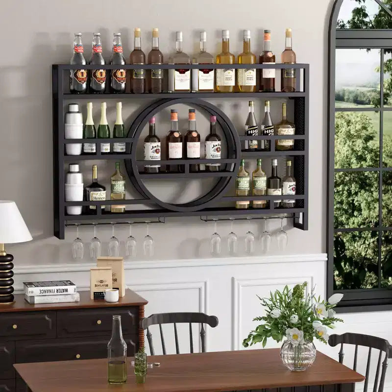Étagère à vin murale à 3 niveaux, étagères flottantes en métal, support de verres à vin, 99-119 cm