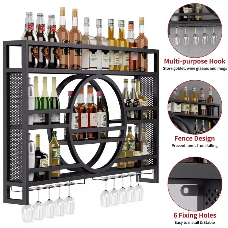 Étagère à vin murale à 3 niveaux, étagères flottantes en métal, support de verres à vin, 99-119 cm
