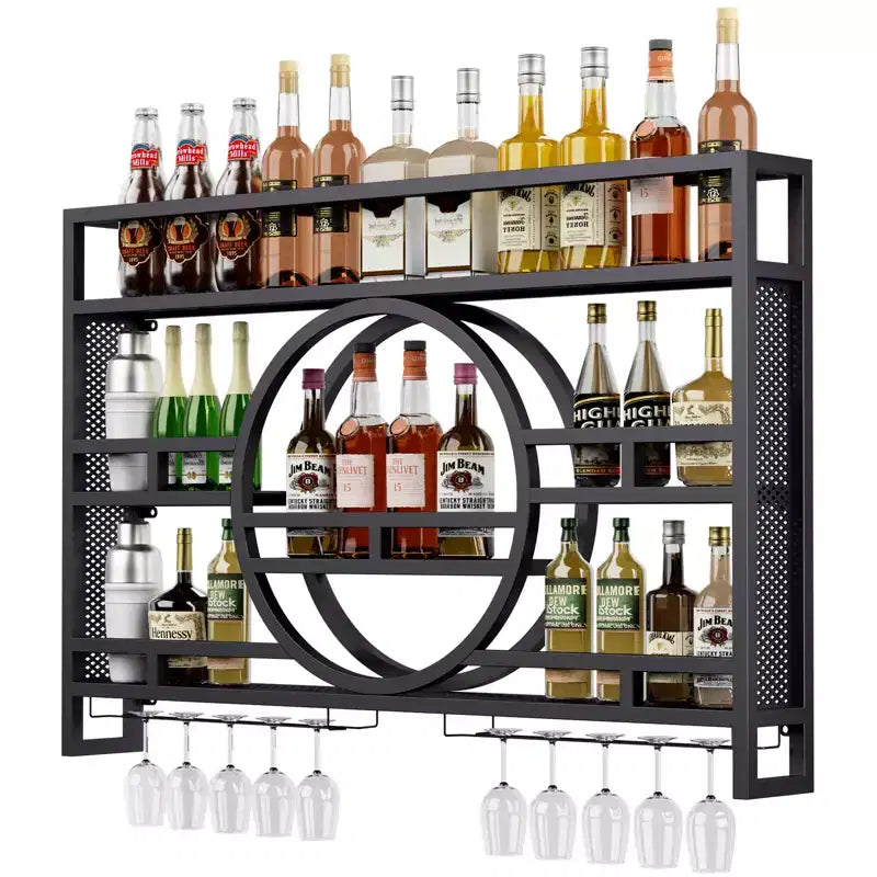 Étagère à vin murale à 3 niveaux, étagères flottantes en métal, support de verres à vin, 99-119 cm
