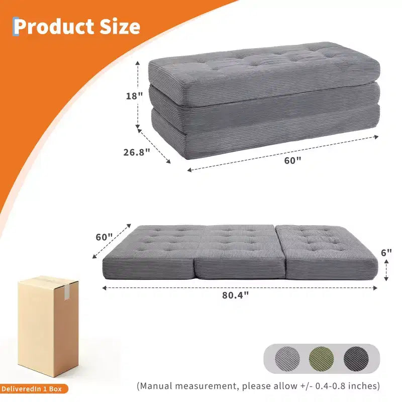 Matelas pliant trois sections 6 pouces capitonné Grand lit de sol, lit pliable avec mousse de soutien haute densité
