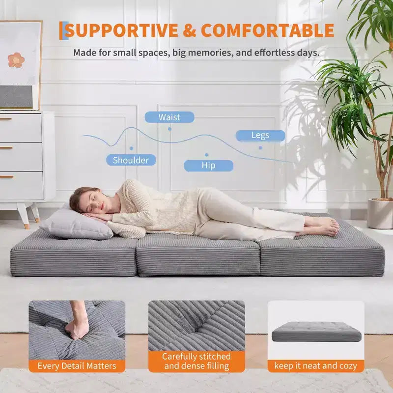 Matelas pliant trois sections 6 pouces capitonné Grand lit de sol, lit pliable avec mousse de soutien haute densité