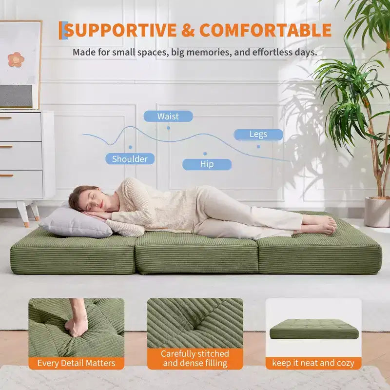 Matelas pliant trois sections 6 pouces capitonné Grand lit de sol, lit pliable avec mousse de soutien haute densité