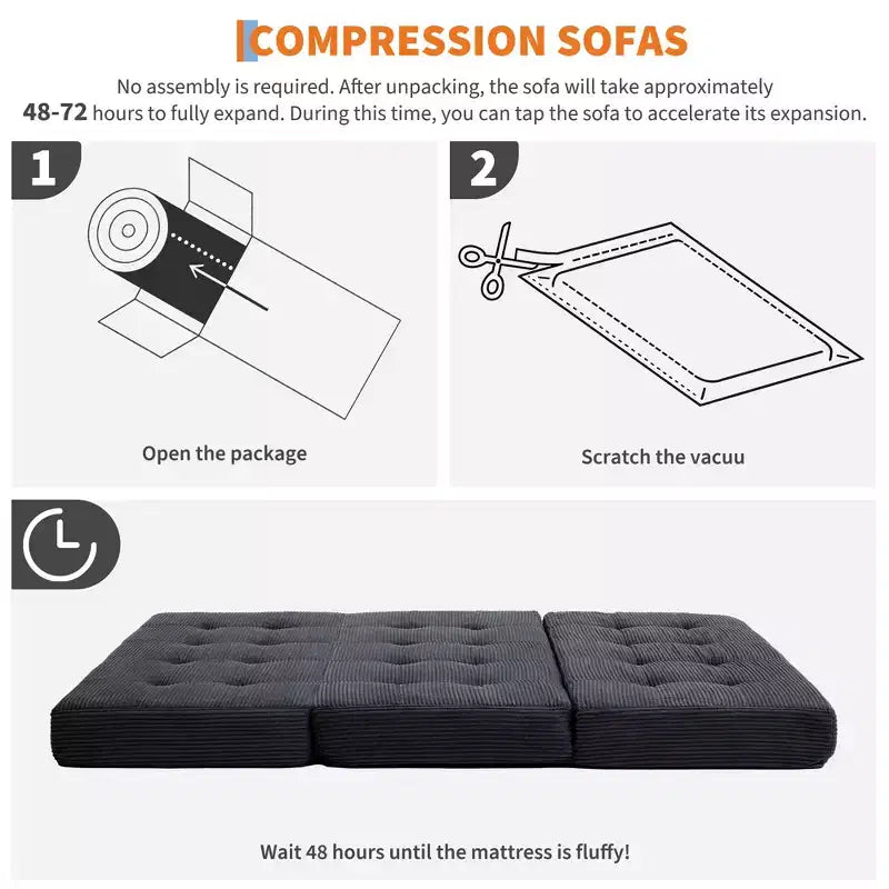 6 Inch Tri-Fold Mattress Tufted Queen Floor Sofa Bed, Collapsible Bed with High-Density Support Foam
