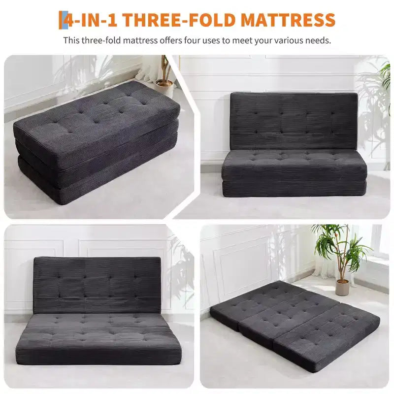 6 Inch Tri-Fold Mattress Tufted Queen Floor Sofa Bed, Collapsible Bed with High-Density Support Foam