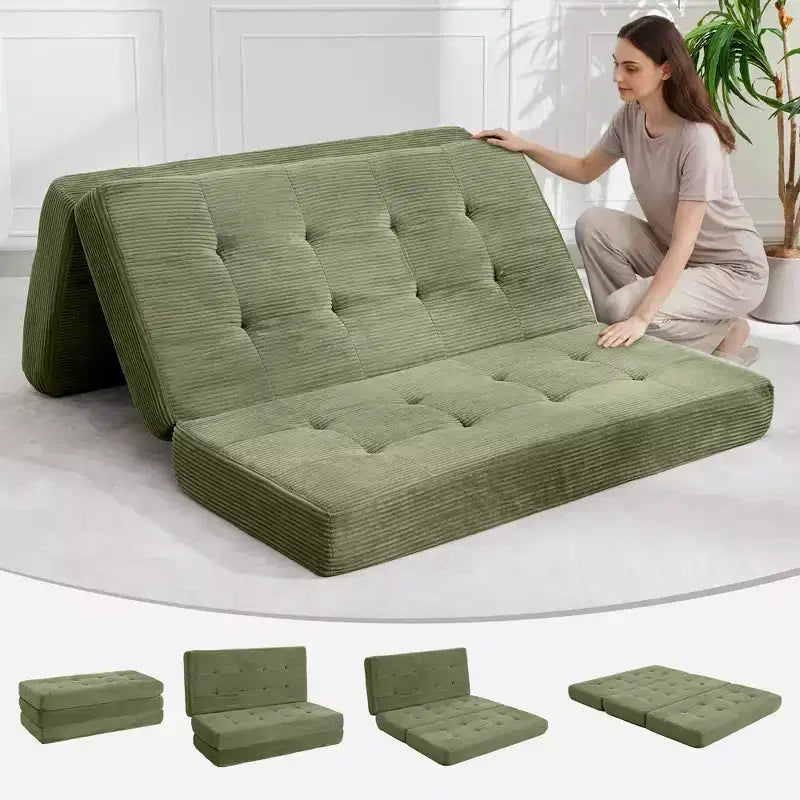 6 Inch Tri-Fold Mattress Tufted Queen Floor Sofa Bed, Collapsible Bed with High-Density Support Foam