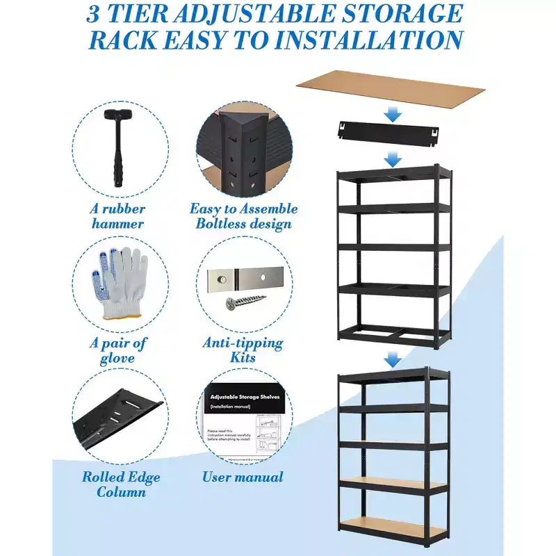 36x18x72 Garage Shelving Unit, Heavy Duty Metal Adjustable Shelves, 5-Tier Storage Rack, 2500 LB Capacity, Industrial Grade Steel with MDF Panels