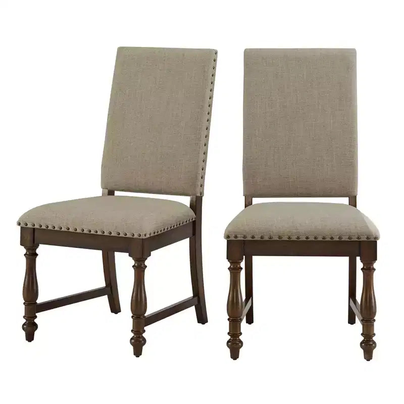 Traditional Upholstered Dining Chairs Set of 2, Nailhead Trim, Beige Fabric, 250 lb
