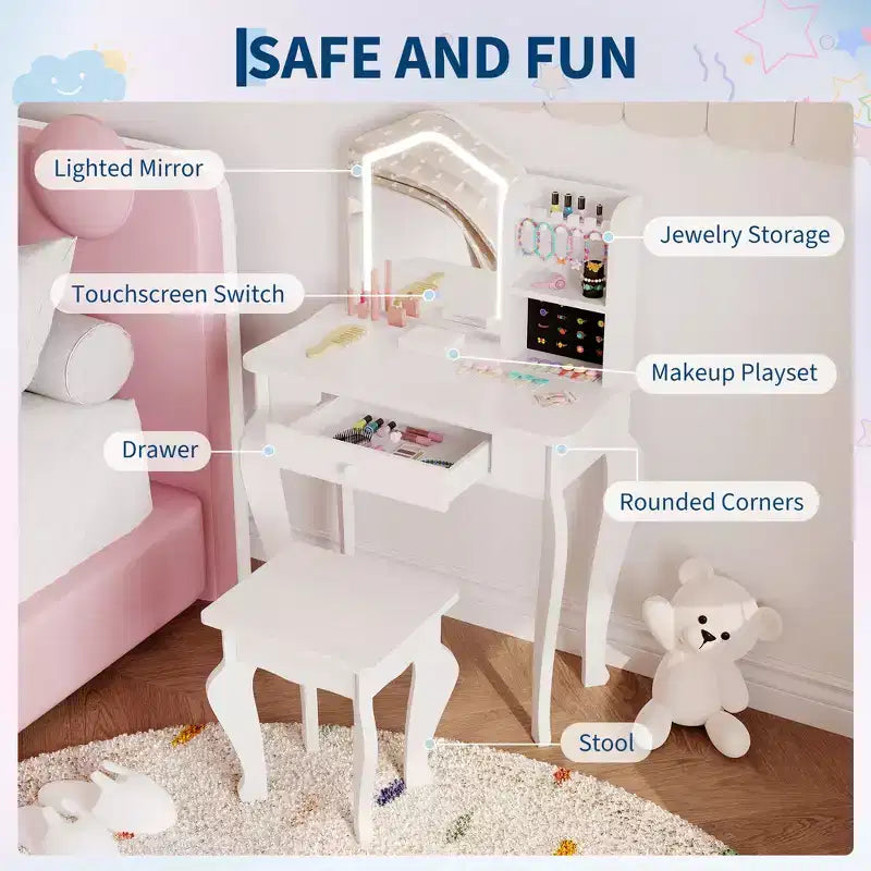 Coiffeuse pour enfants avec tabouret pour les petites filles de 3 à 8 ans - Idéale pour la chambre ou la salle de jeux