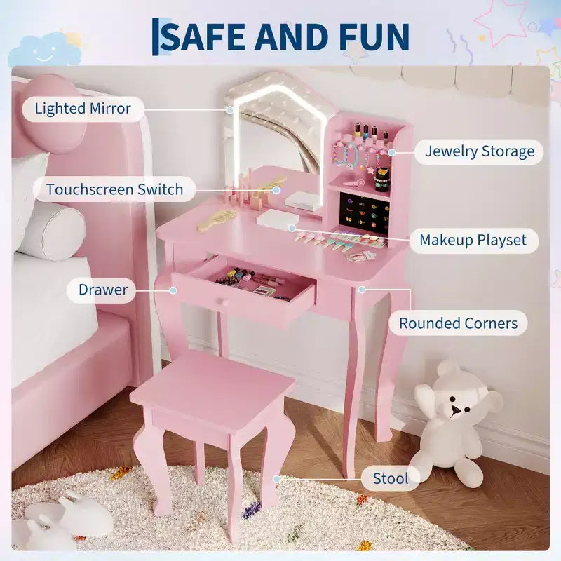 Kids Vanity Set with Stool for Little Girls Ages 3-8-Ideal for Bedroom or Playroom