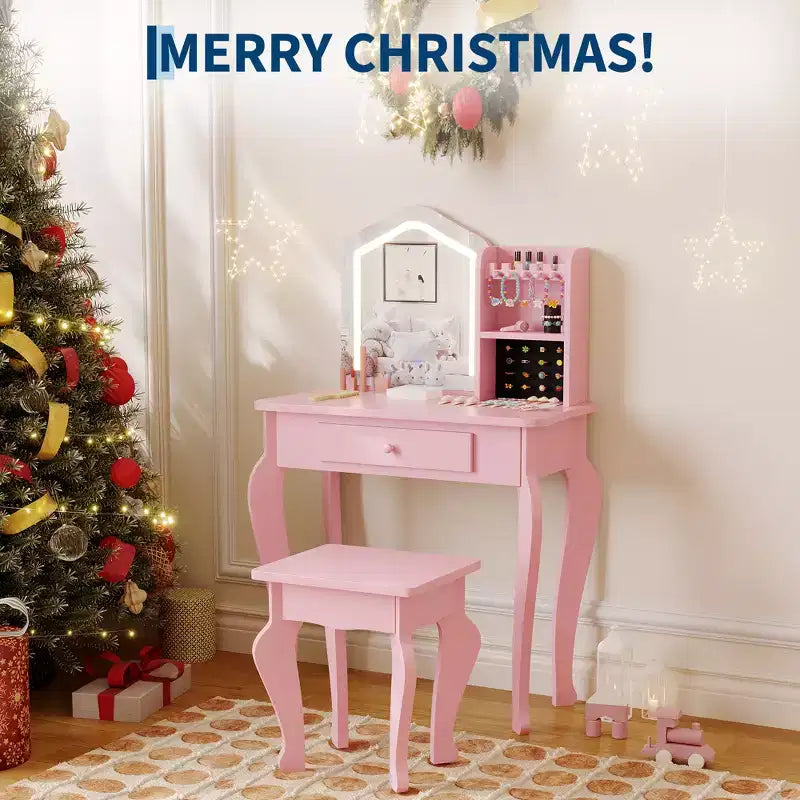Kids Vanity Set with Stool for Little Girls Ages 3-8-Ideal for Bedroom or Playroom