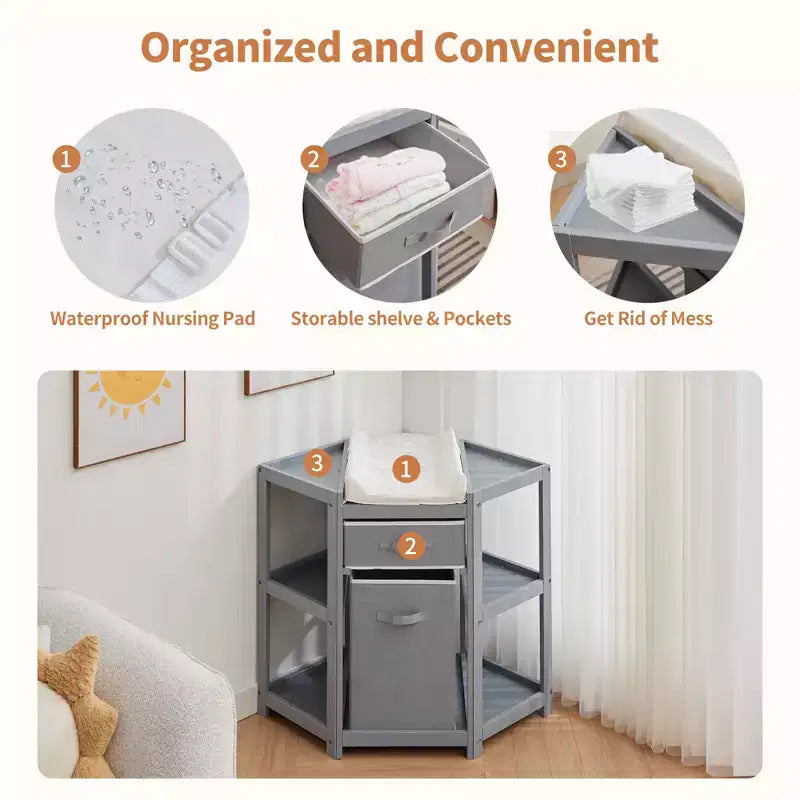 Table à langer d'angle compacte avec tiroir de rangement, panier à linge et matelas imperméable, meuble à langer moderne en bois pour chambre d'enfant, gris