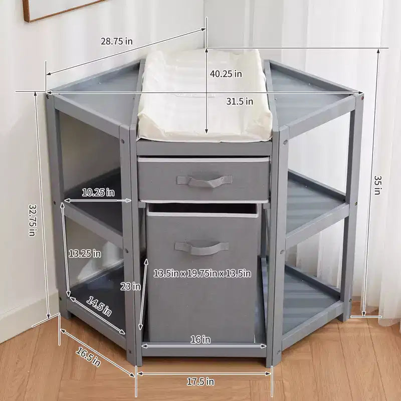 Table à langer d'angle compacte avec tiroir de rangement, panier à linge et matelas imperméable, meuble à langer moderne en bois pour chambre d'enfant, gris