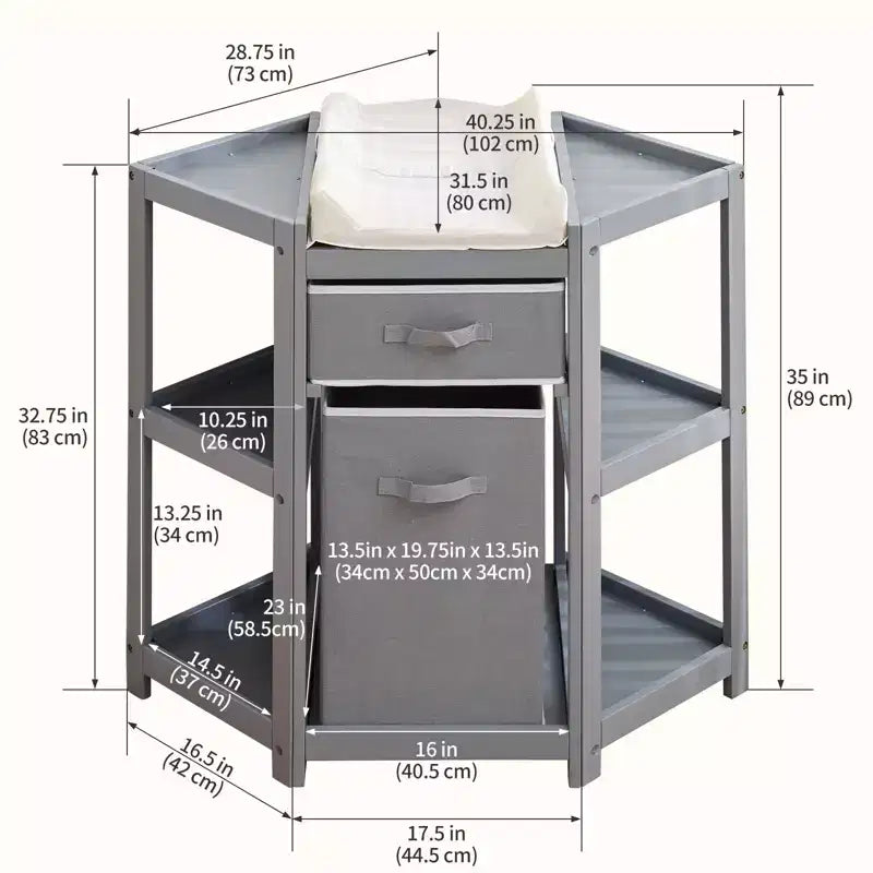 Table à langer d'angle compacte avec tiroir de rangement, panier à linge et matelas imperméable, meuble à langer moderne en bois pour chambre d'enfant, gris