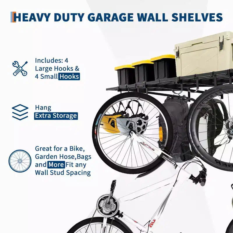 Heavy Duty Garage Wall Shelves 2 Pack 2x4 Ft, Metal Wall-Mounted Rack w/ Hooks, 200 Lbs Cap Each, Space-Saving for Garage/Shop/Home, Easy Install