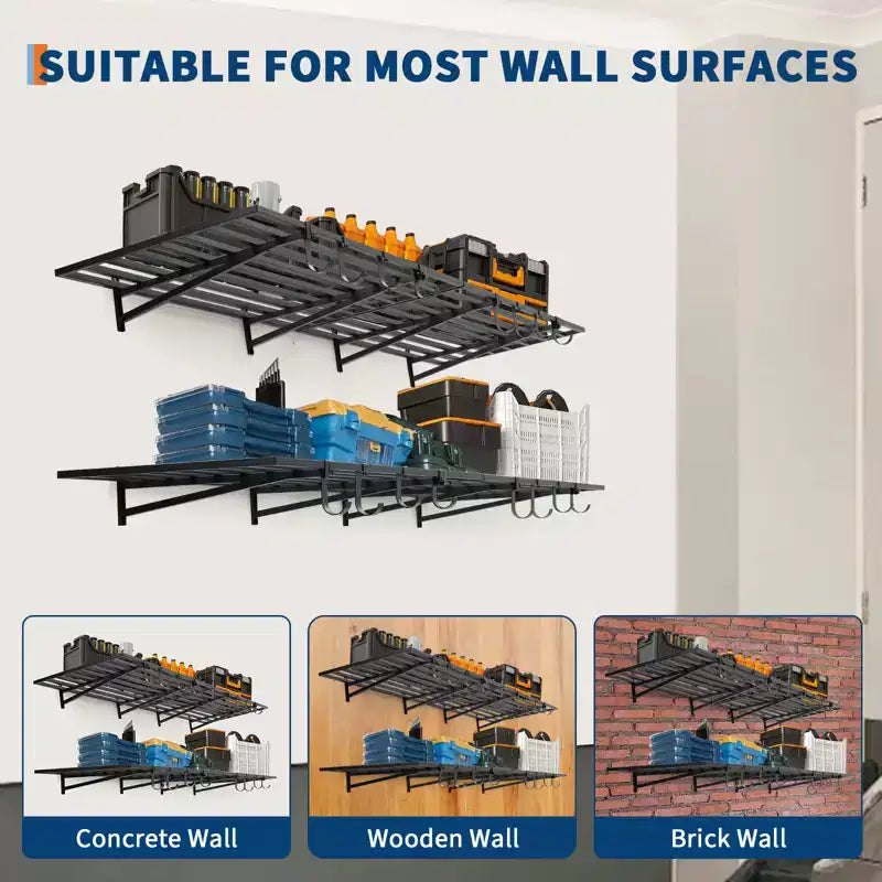 Heavy Duty Garage Wall Shelves 2 Pack 2x4 Ft, Metal Wall-Mounted Rack w/ Hooks, 200 Lbs Cap Each, Space-Saving for Garage/Shop/Home, Easy Install