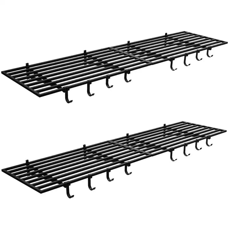 Heavy Duty Garage Wall Shelves 2 Pack 2x4 Ft, Metal Wall-Mounted Rack w/ Hooks, 200 Lbs Cap Each, Space-Saving for Garage/Shop/Home, Easy Install