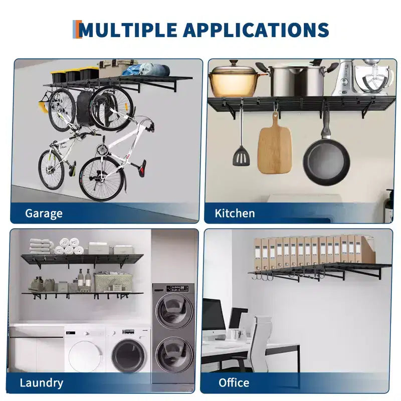 Lot de 2 étagères murales robustes pour garage 60 x 120 cm, support mural en métal avec crochets, capacité de 90 kg chacune, gain de place pour garage/atelier/maison, installation facile