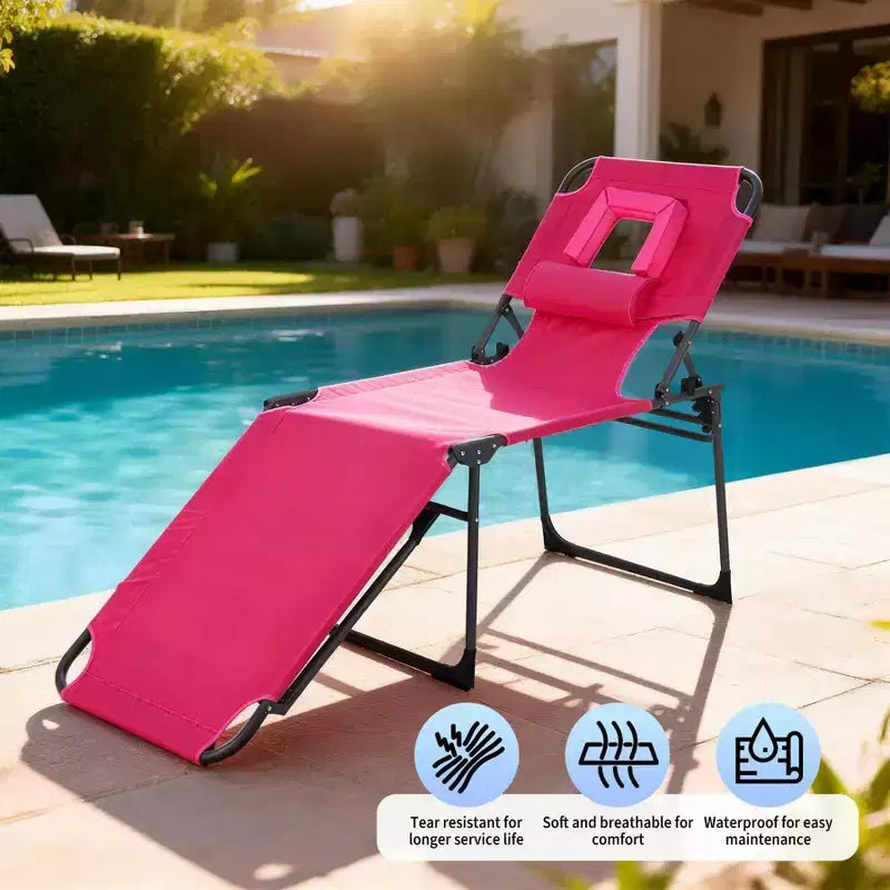 Chaise longue inclinable d'extérieur pliante à 5 positions avec dossier réglable, cadre en acier thermolaqué et tissu résistant aux intempéries pour pelouse et jardin