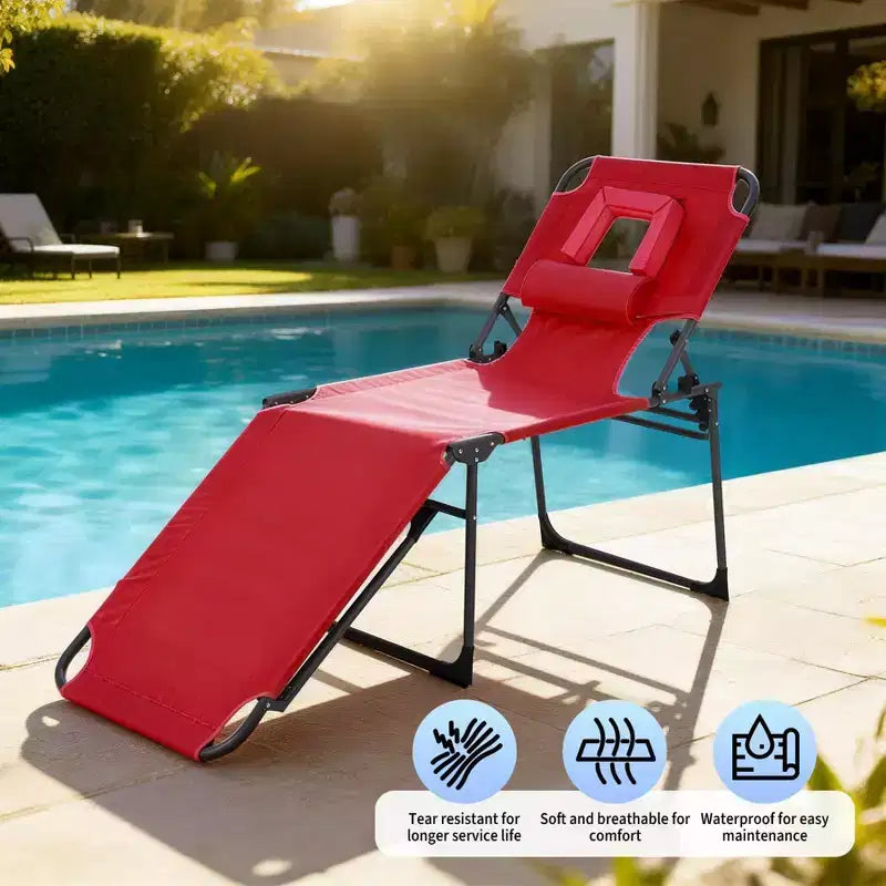 Chaise longue inclinable d'extérieur pliante à 5 positions avec dossier réglable, cadre en acier thermolaqué et tissu résistant aux intempéries pour pelouse et jardin