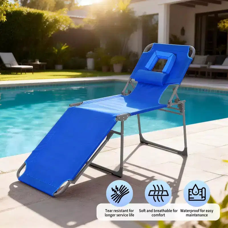Chaise longue inclinable d'extérieur pliante à 5 positions avec dossier réglable, cadre en acier thermolaqué et tissu résistant aux intempéries pour pelouse et jardin
