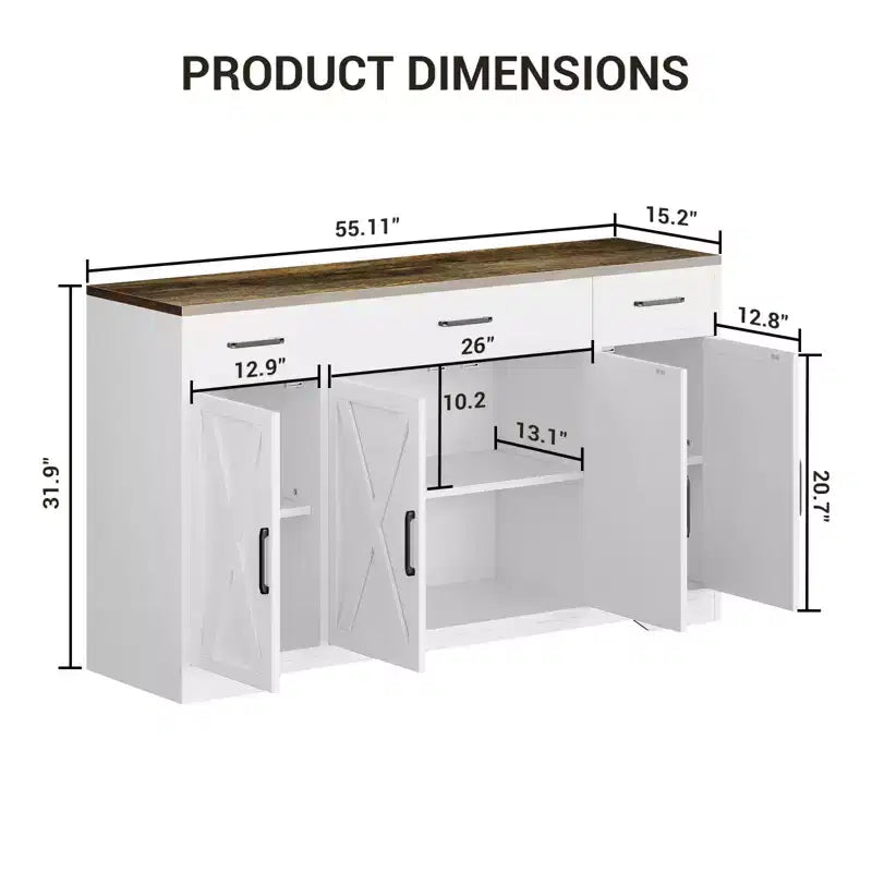 Buffet en bois avec tiroirs, grand meuble de rangement de 140 cm avec étagères et portes pour cuisine, salle à manger, salon