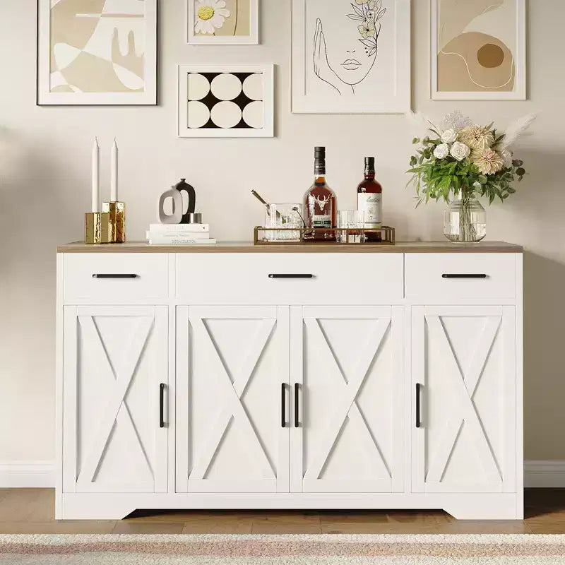 Buffet en bois avec tiroirs, grand meuble de rangement de 140 cm avec étagères et portes pour cuisine, salle à manger, salon