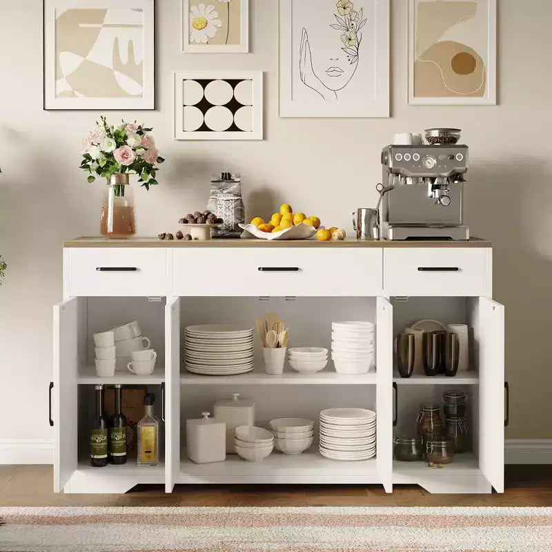 Buffet en bois avec tiroirs, grand meuble de rangement de 140 cm avec étagères et portes pour cuisine, salle à manger, salon