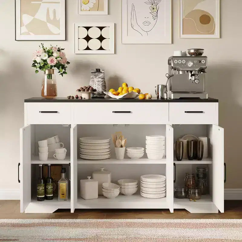 Buffet en bois avec tiroirs, grand meuble de rangement de 140 cm avec étagères et portes pour cuisine, salle à manger, salon