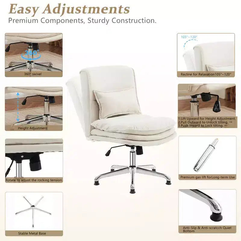 Chaise de bureau sans accoudoirs, rembourrée, pivotante, hauteur réglable 16.7-21.3", 350 lb