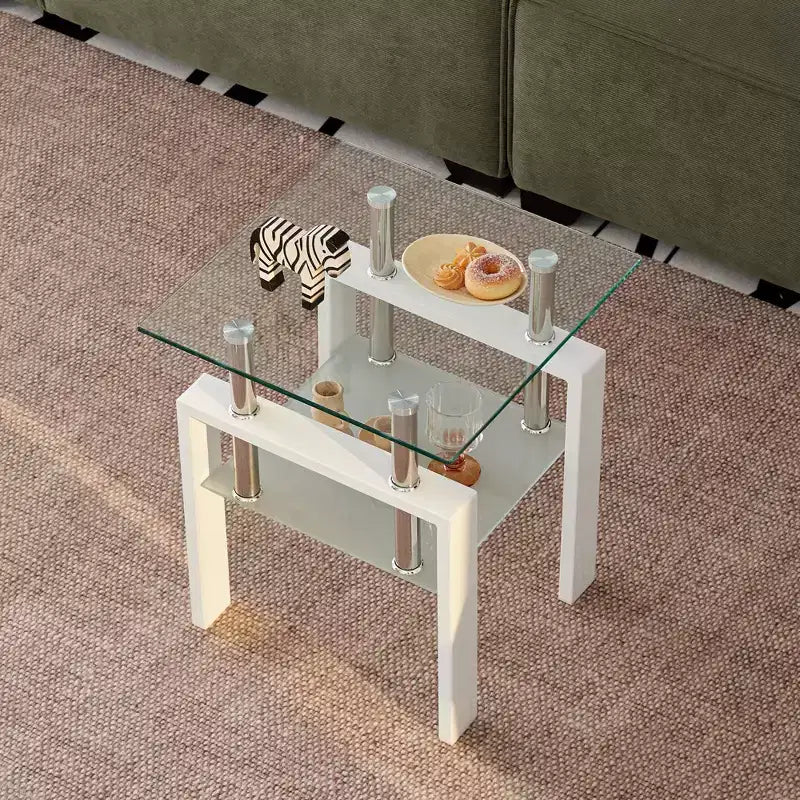Set of 2 White Tempered Glass End Tables, 2-Tier with Storage