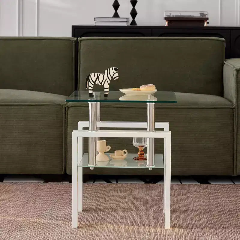 Lot de 2 tables d'appoint blanches en verre trempé, 2 niveaux avec rangement