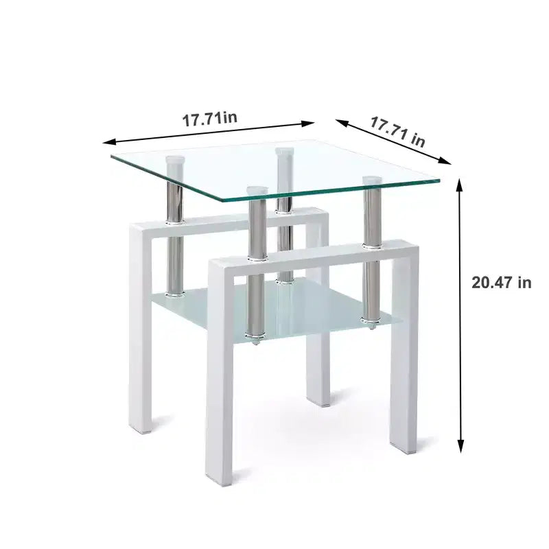 Set of 2 White Tempered Glass End Tables, 2-Tier with Storage
